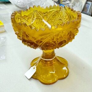 Vintage 50s Kimble Wheaton Amber Glass Candy Dish Sawtooth Pedestal Bowl